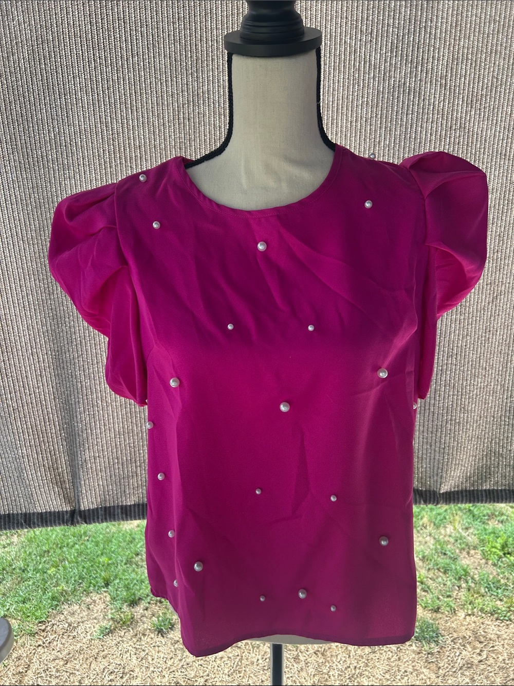 SHEIN Fuchsia Pearl-Trim Puff Sleeve Blouse